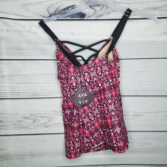 Plus size pink printed cross front tankini - Picture 2 of 6